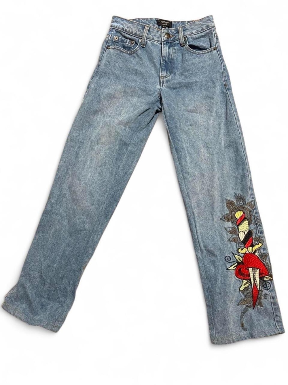 Ed Hardy Light Blue Straight Jeans with Red Dagger Heart Embroidery